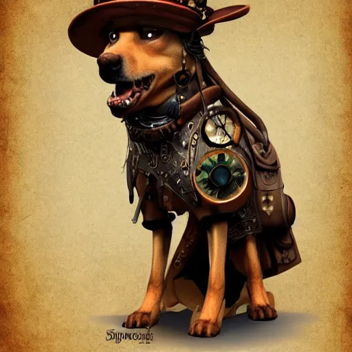 Image similar to poddle dog dressed with inspirations from steampunk style, high detailed, digital art, trending on artstation, devianart, cgsociety