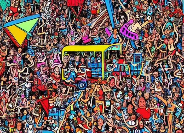 Image similar to where's Waldo intricate rave party drawing by martin handford (1978), find the hidden objects picture