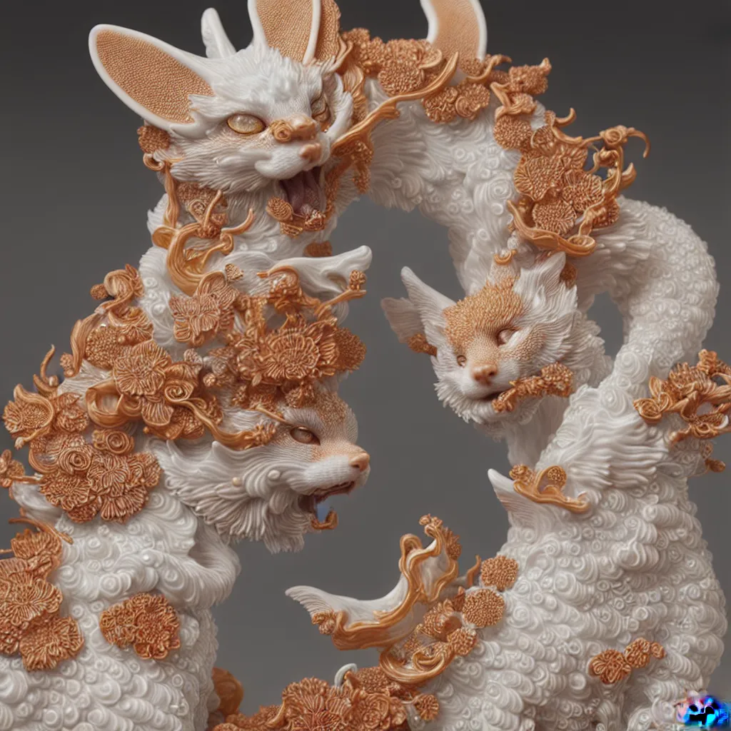 Prompt: a closeup photo - real delicate ceramic porcelain sculpture of an ornate detailed kitsune in front of a intricate background by victo ngai and takato yamamoto, micro detail, backlit lighting, subsurface scattering, translucent, thin porcelain, octane renderer, colorful, physically based rendering, japanese pottery, trending on cgsociety