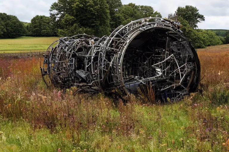 Image similar to beautiful english countryside, a ginormous destroyed streampunk machine lies broken in a field, many people, fire and oil