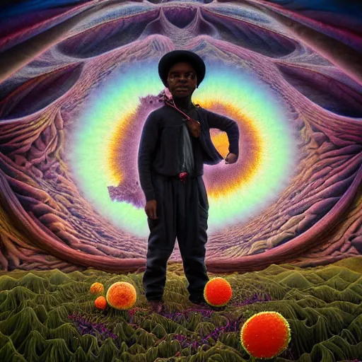 Image similar to a black boy dressed like an explorer in a field of candy, by Adi granov and afarin sajedi and amanda sage and evgeni gordiets and Agostino Arrivabene and adonna khare in a psychedelic portrait style, ultrarealistic matte painting, volumetric lighting, fractal, extremely symmetrical, highly detailed face, orisha, 8k, hd