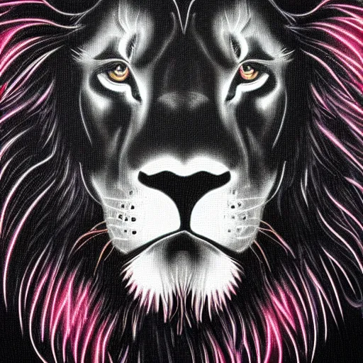 Image similar to black canvas, lion, neon lights, strawberry, dja