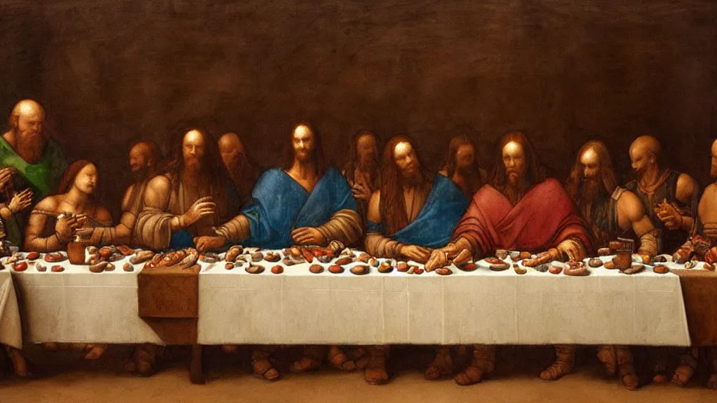 Image similar to mandalorian at the last supper, by leonardo davinci, concept art, oil painting, art station