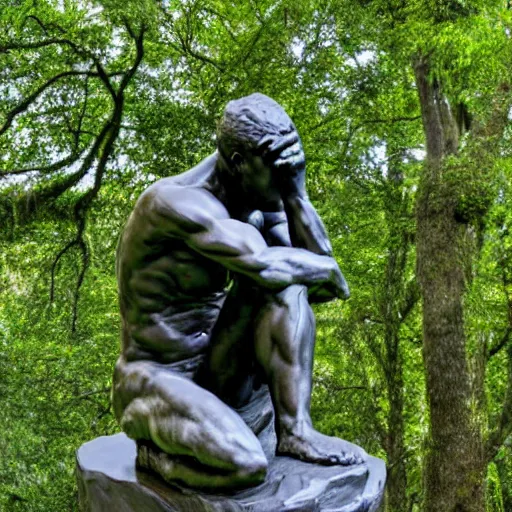 Prompt: The thinker sculpture by auguste rodin mushrooms at the base , placed in a lush forest, sketch, William Bartram