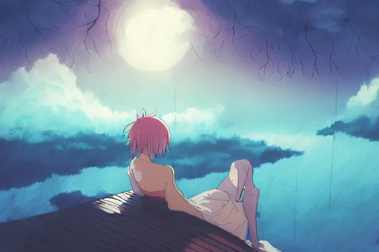 Prompt: anime woman sleeping on a raft, misty, night time, storm in distance, wide angle, by studio ghibli, yuumei, anime, hazy, foggy, ambient lighting, cottagecore,