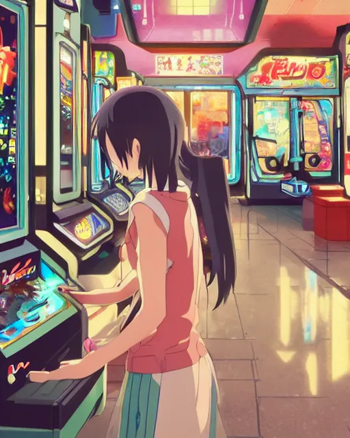 Image similar to a girl at the arcade, full shot, visible face, ambient lighting, detailed, very modern anime style, art by hayao miyazaki, makoto shinkai