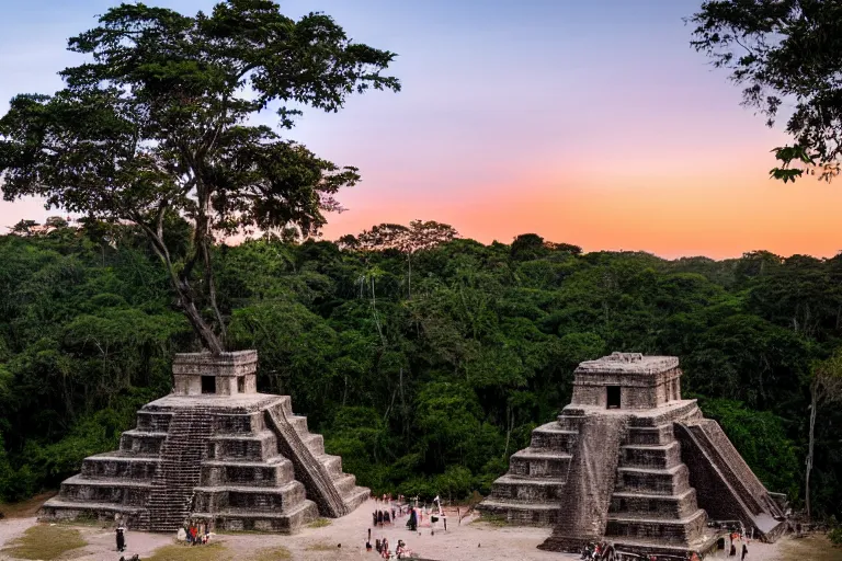 Prompt: The Tree of Life atop a Mayan temple in the middle of the jungle, sunset in the background