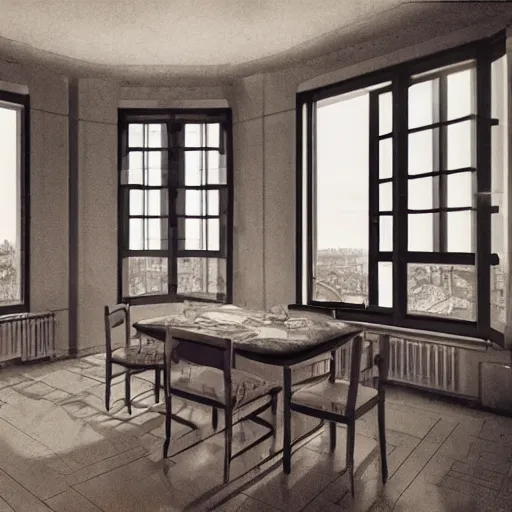 Image similar to apartment in an old Soviet panel building on the top floor, near the window there is a table which is being prepared for dinner, the family is setting the table, outside the window it is evening, a depressing cityscape and a glowing sphere hovering in the sky, realistic rendering, warm dim lighting