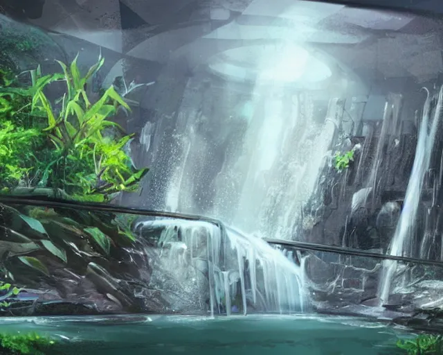 Prompt: concept art design for underground alien facility, water-logged, nearby waterfalls, Sydney mead style,