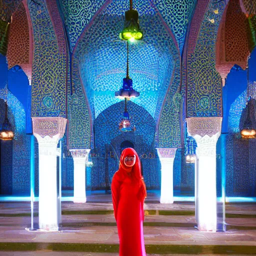 Prompt: redhead girl, blue dress, detailed, nasirolmolk mosque, colorful lights, by john howe _ h 7 0 4