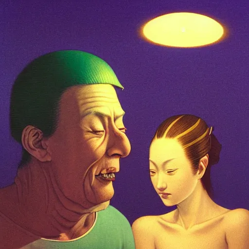 Image similar to close up portrait of a man and woman having fun with lsd and magic mushrooms by kawase hasui, moebius, Edward Hopper and James Gilleard, Zdzislaw Beksinski, Steven Outram, 8k, volumetric lighting, artstation