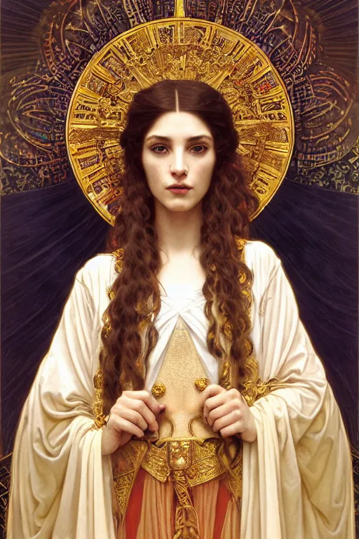 Image similar to Portrait of historically accurate, biblical, sneering, young, wicked, terrible, evil, pagan, beautiful, queen jezebel of ancient Israel, wearing gilded robes, long hair, intricate, elegant, highly detailed, masterpiece, illustration, art by artgerm and greg rutkowski and alphonse mucha and Wayne Barlowe and william-adolphe bouguereau, highly detailed, trending on artstation, award winning