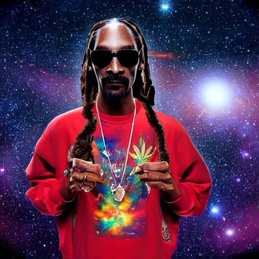 Prompt: snoop dogg smoking weed, the smoke is full of galaxies and nebulae, snoop dogg is wearing sunglasses, behind him is a colorful universe, hyperrealistic, unreal engine, high quality