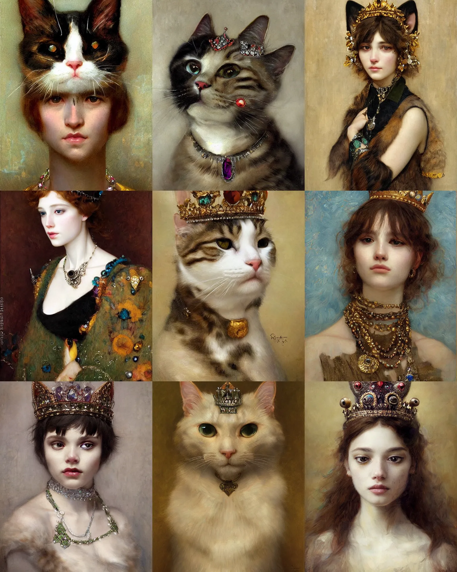 Prompt: a beautiful portrait of a humanoid cat wearing jewels and crown by Edgar Maxence and Ross Tran