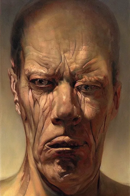 Prompt: beautiful clean oil painting biomechanical portrait of sad man face by phil hale, wayne barlowe, freud lucian, rembrandt, complex, stunning, realistic, skin color