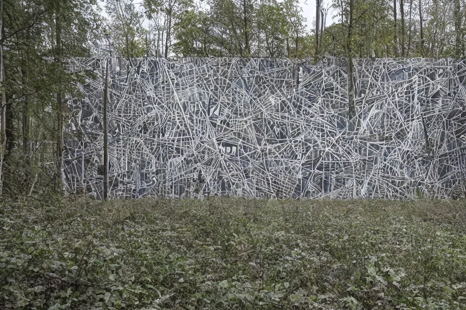 Image similar to geometric anamorphic graffiti of a forest on an abandoned factory, by birdo, alex maksiov and john pugh