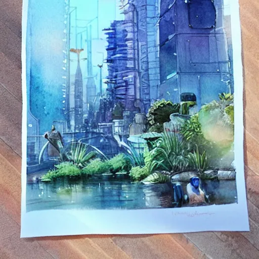 Image similar to Beautiful happy picturesque charming sci-fi city in harmony with nature. Beautiful light. Water and plants. Nice colour scheme, soft warm colour. Beautiful detailed watercolor by Lurid. (2022)