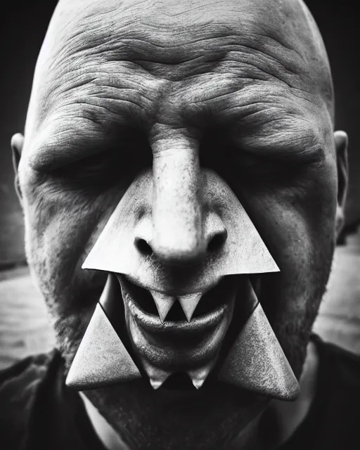 Image similar to scary photo of a man with his mouth in the form of a equilateral triangle, hyperrealism, bokeh, 8k, trending on