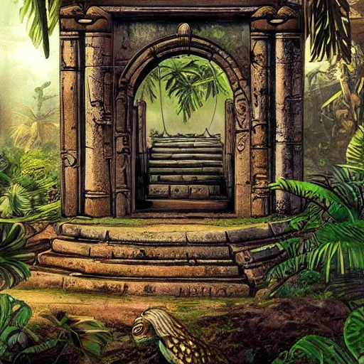 Prompt: ancient jungle temple with a portal to another dimension pulp art