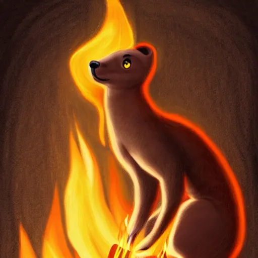 Prompt: a drawing of a weasel holding a flame, an ultrafine detailed painting by muggur, trending on deviantart, furry art, hellish urban background, chiaroscuro, flat shading