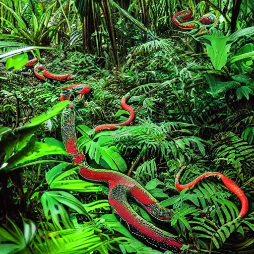 Image similar to thick jungle with brightly colored snakes everywhere. very dark