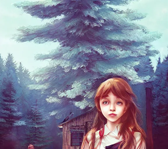 Prompt: a beautiful girl In front of the cabin, the country, by Artgerm Lau，hyperdetailed, trending on artstation, trending on deviantart