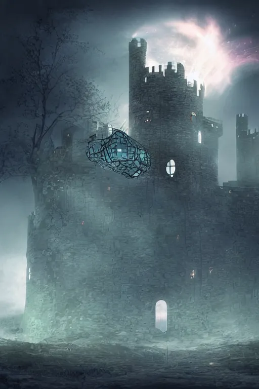 Prompt: Cybernetic Castle housing a Blackhole in a Claw-shaped Cage above the Castle, atmospheric, digital art, fantasy, magic, arcane, volumetric lighting, illustration, realistic