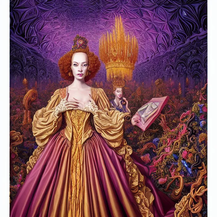 Image similar to beautiful oil painting, full length portrait of dauphinois in baroque coronation robes 1701, Dan Mumford, Dan Mumford, Alex grey, hyacinthe rigaurd, highly detailed , lsd visuals, dmt fractal patterns, hallucinogen, visionary art, psychedelic art, ornate, vaporwave, baroque, Greg rutkowski