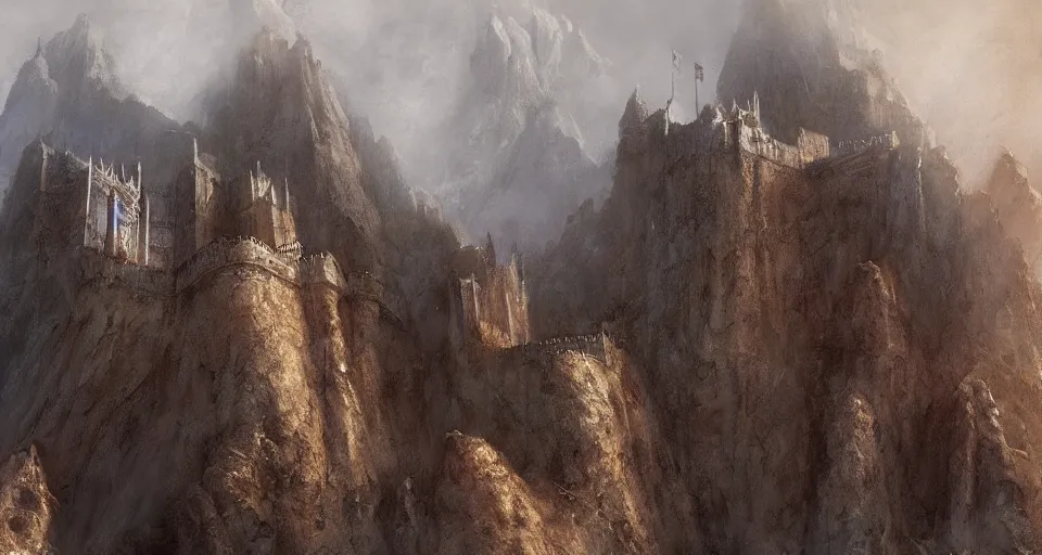 Prompt: castle on a misty mountain by John Howe and Jeff Easley and Craig Mullins, Game of Thrones, concept art, HD, 8K