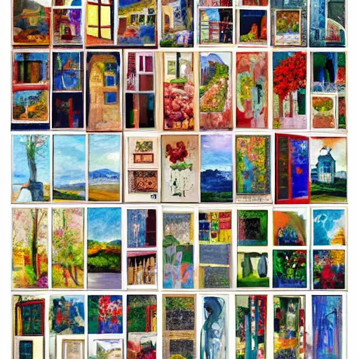 Prompt: collage of 1 0 0 paintings, each painting is of a house