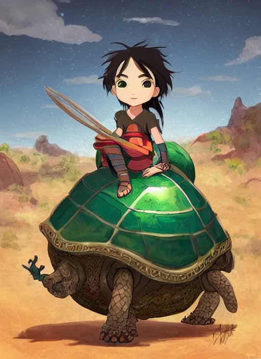 Image similar to portrait of a little warrior girl character sitting on top of a giant armored turtle with a big smiling face in the desert, studio ghibli epic character with dark skin and beautiful green eyes, very beautiful detailed symmetrical face, long black hair, bright colors, diffuse light, dramatic landscape, fantasy illustration