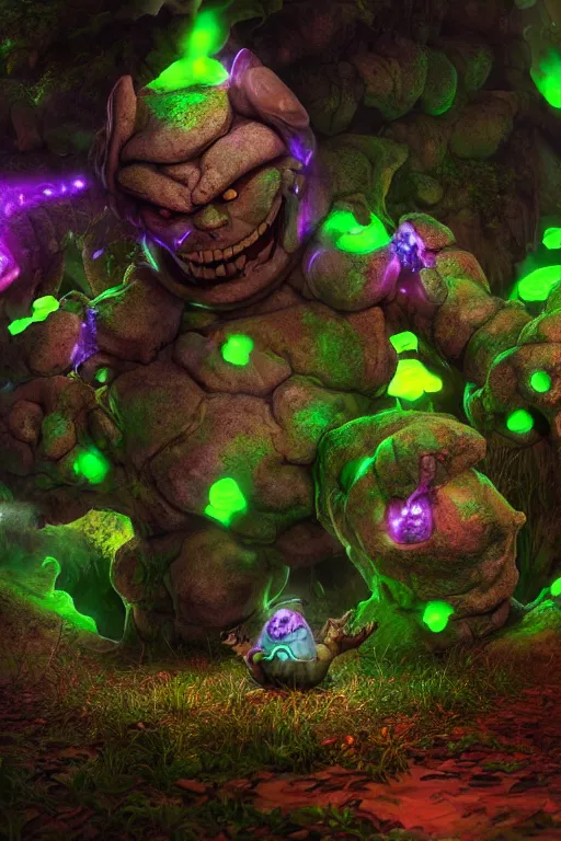 Image similar to arcane fantasy art giant golem elemental wood rock bastion forged gemstone enchanted forest troll, global illumination ray tracing hdr fanart arstation by sung choi and eric pfeiffer and gabriel garza and casper konefal lisa frank zbrush central hardmesh radiating a glowing aura