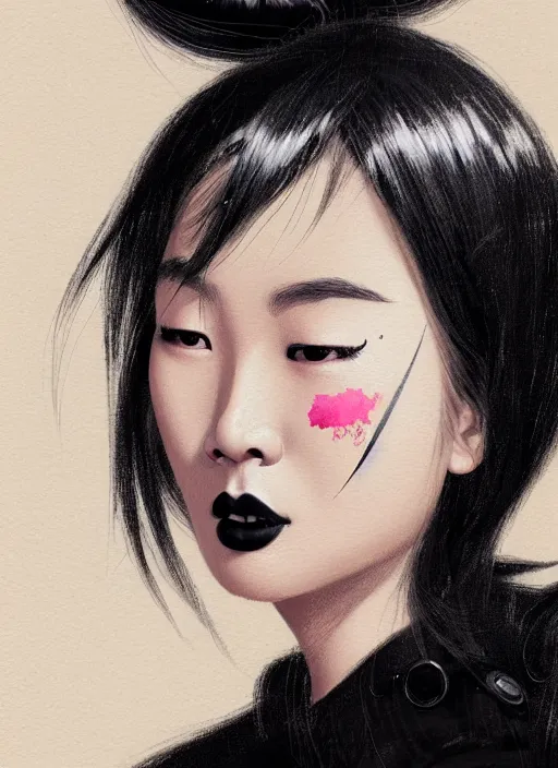 Prompt: portrait of an asian woman with a crooked nose and a confident expression, 1 9 6 0 s, black clothes, goth, punk, brightly coloured hair, funk, intricate, elegant, highly detailed, digital painting, artstation, concept art, smooth, sharp focus, illustration, art by wlop, mars ravelo and greg rutkowski