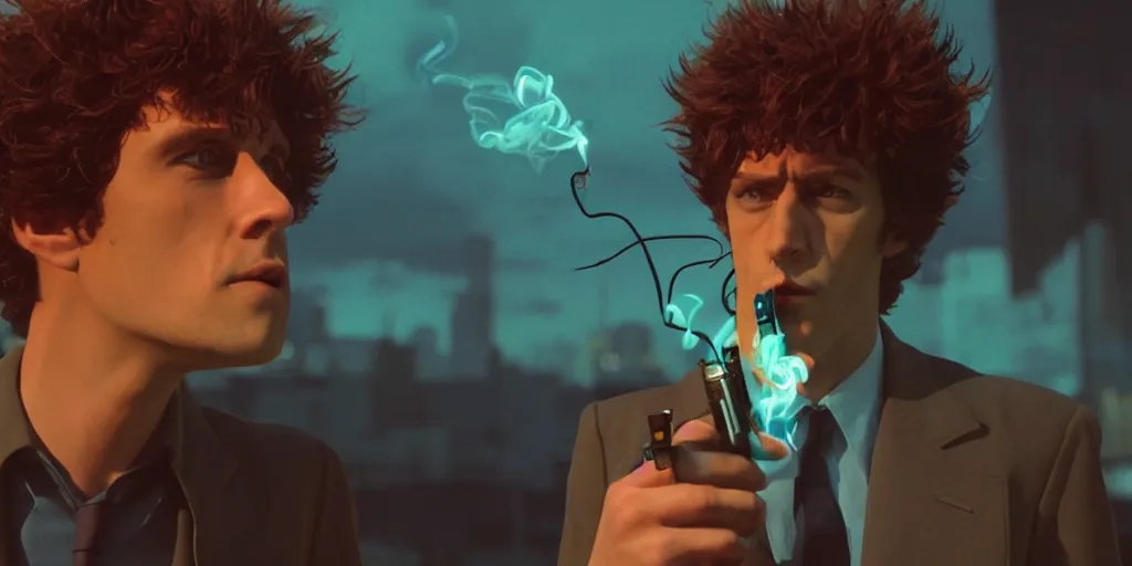 Image similar to portrait of spike spiegel in bliss smoking cigarette with a 4k cyberpunk western world landscape