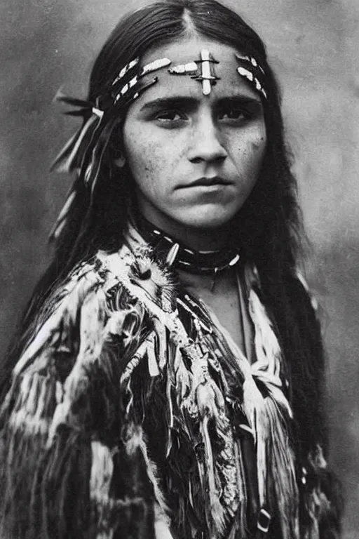 Image similar to “Photo of Native American indian woman Emma Watson, portrait, skilled warrior of the Chiricahua Apache, Lozen was the sister of Victorio a prominent Chief, showing pain and sadness on her face, ancient, realistic, detailed, emma watson”