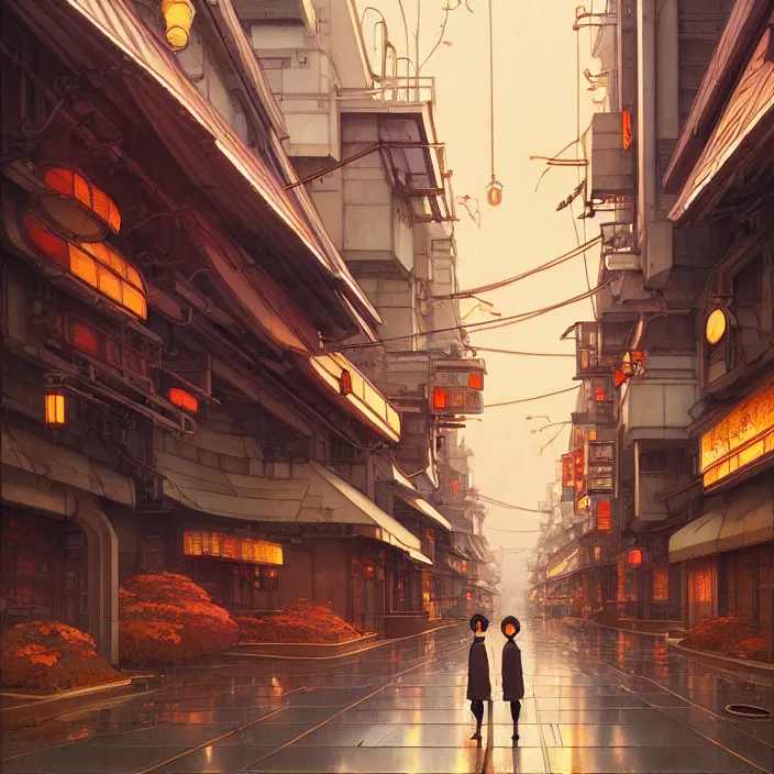 Image similar to empty tokyo, autumn, in the style of studio ghibli, j. c. leyendecker, greg rutkowski, artem