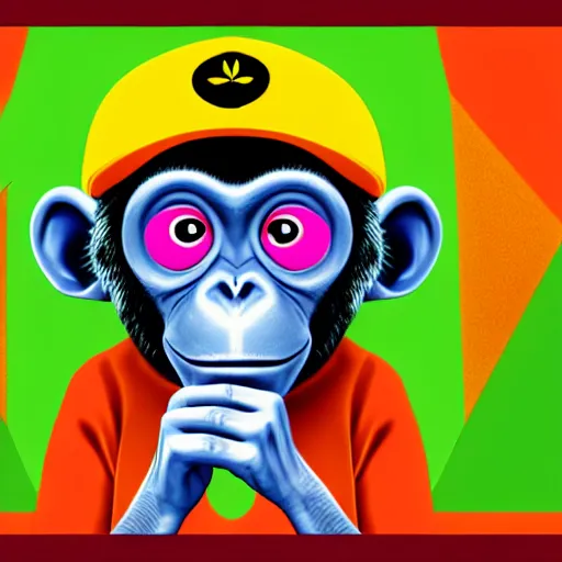 Image similar to a drug psa with monkey who high with marijuana, pop art, digiral art, highly rendered, octane rendered, 2 d style, colorful, colorama