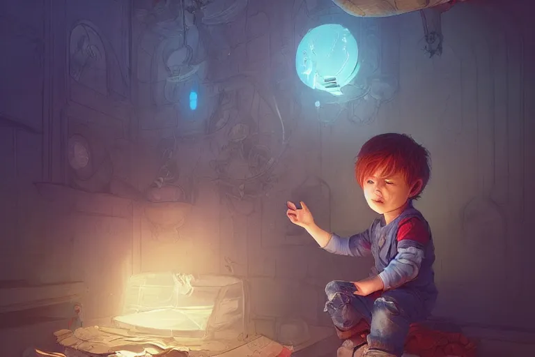 Image similar to a beautiful illustration of a little cute boy doesn't want to sleep, fantasy, intricate, epic lighting, cinematic composition, hyper realistic, 8 k resolution, unreal engine 5, by artgerm, tooth wu, dan mumford, beeple, wlop, rossdraws, james jean, marc simonetti, artstation