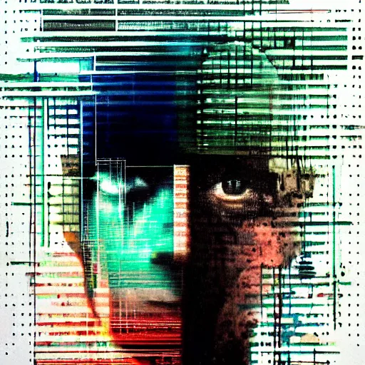 Image similar to portrait of a hooded character wearing a cyberpunk visor, mysterious, shadows, by Guy Denning, by Johannes Itten, by Russ Mills, glitch art, hacking effects, chromatic, color blocking, oil on canvas, concept art, abstract