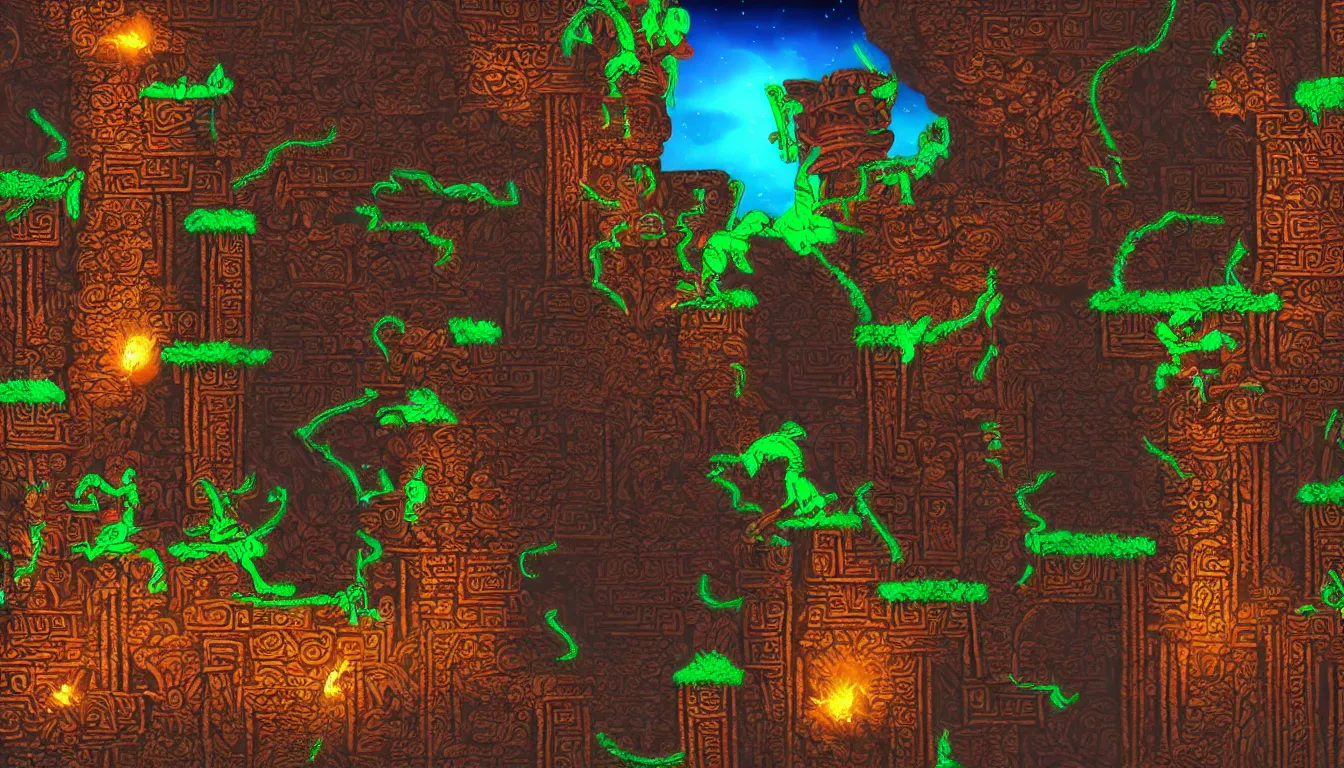 Image similar to majestic ancient mayan temple horizontal tunnel, side-scrolling 2d platformer game level, illuminated by torch lights, ruins with mayan glyphs, volumetric light , detailed carved ornaments, rich color, upscale , 8k