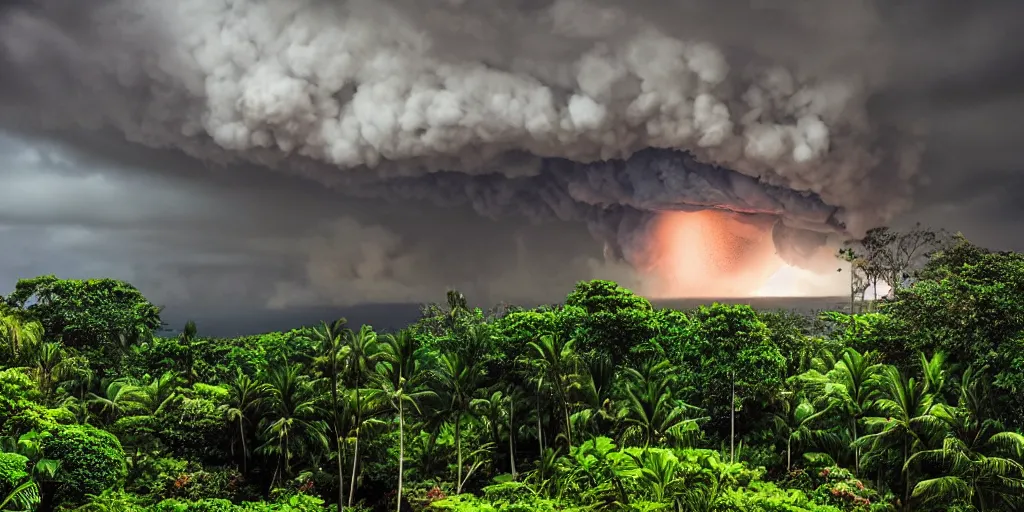 Image similar to atomic blast over a Hawaiian villa in the middle of an tropical forest, ominous Sky, gloomy atmosphere, cinematic, mist, High definition, 8k, ultra detailed