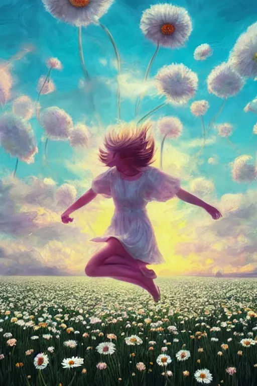 Image similar to giant white daisy flower as head, girl jumping in a flower field, surreal photography, sunrise, dramatic light, impressionist painting, colorful clouds, digital painting, artstation, simon stalenhag