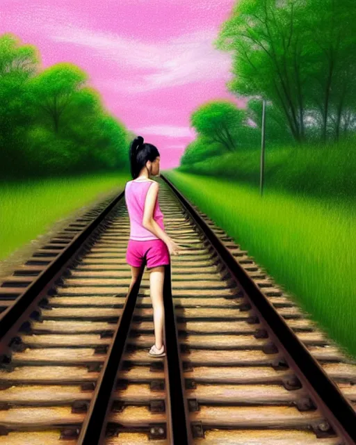 Prompt: photo of a girl with black hair in a ponytail and dressed in a green shirt and pink shorts walking along train tracks stretching out toward the horizon that are submerged under a few inches of water, intricate, elegant, highly detailed, digital painting, artstation, concept art, smooth, sharp focus, illustration, art by artgerm and greg rutkowski and fra angelico