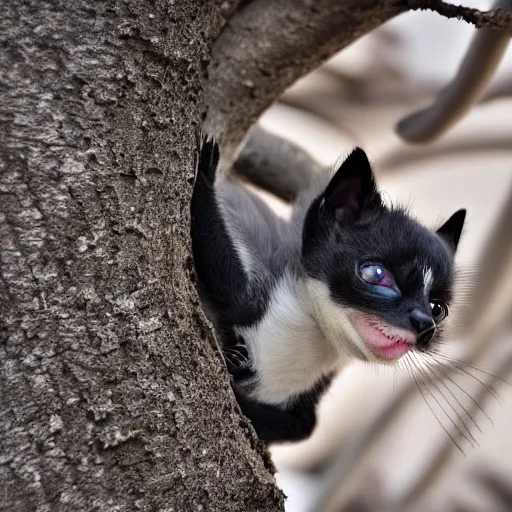 Prompt: a bat kitten, in a tree, Canon EOS R3, telephoto, very detailed, 4k