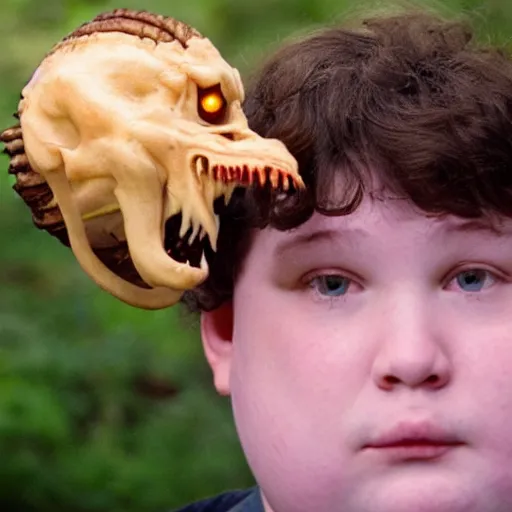 Image similar to a fat white kid with a demogorgon head