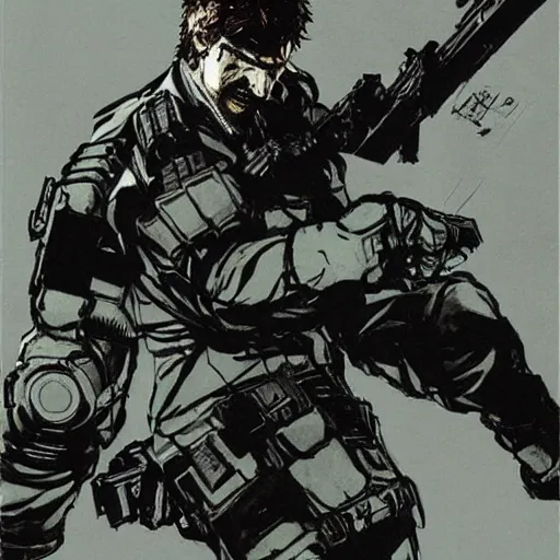 Prompt: solid snake fighting sam fisher by yoji shinkawa, concept art