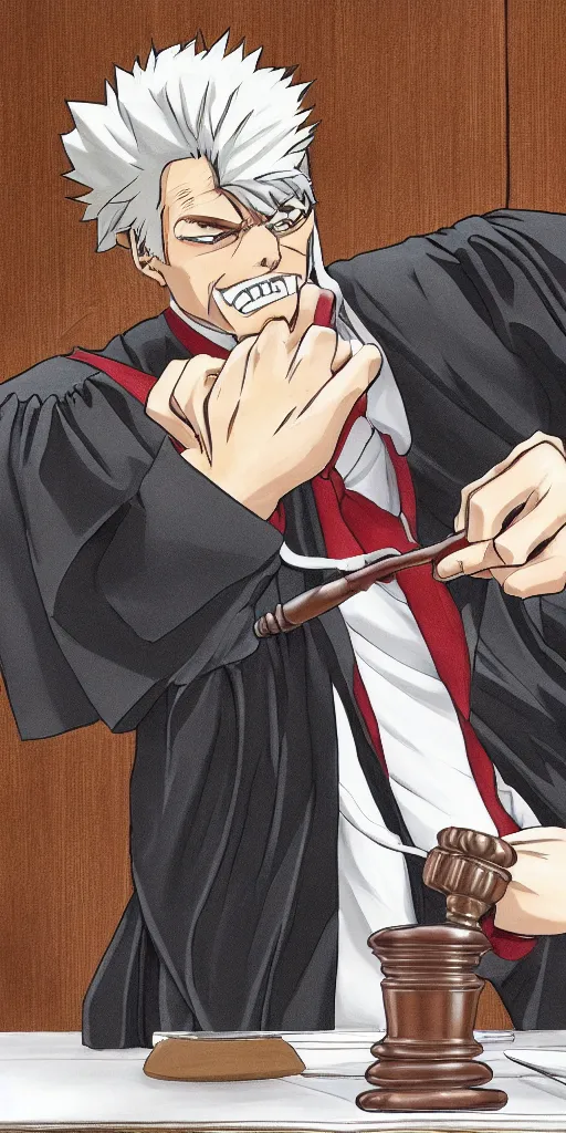 Image similar to powerful anime judge with a magic gavel, in a court room with a scale on his desk, drawn by a famous anime artist, high quality, fine lines, amazing detail