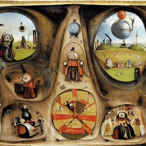 Image similar to thomas the tank engine as painted by hieronymus bosch