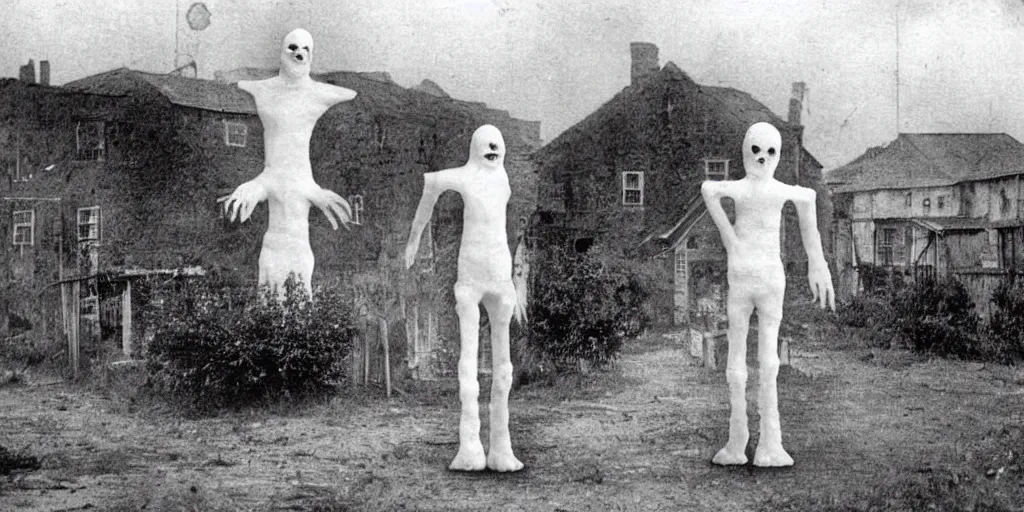 Image similar to scary unproportionable tall ghost creature in the middle of a village, 1900s picture