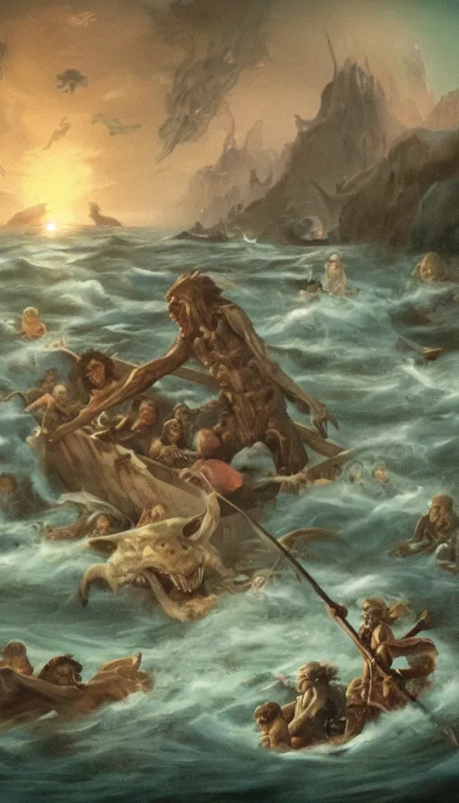 Image similar to man on boat crossing a body of water in hell with creatures in the water, sea of souls, from cryptid academia